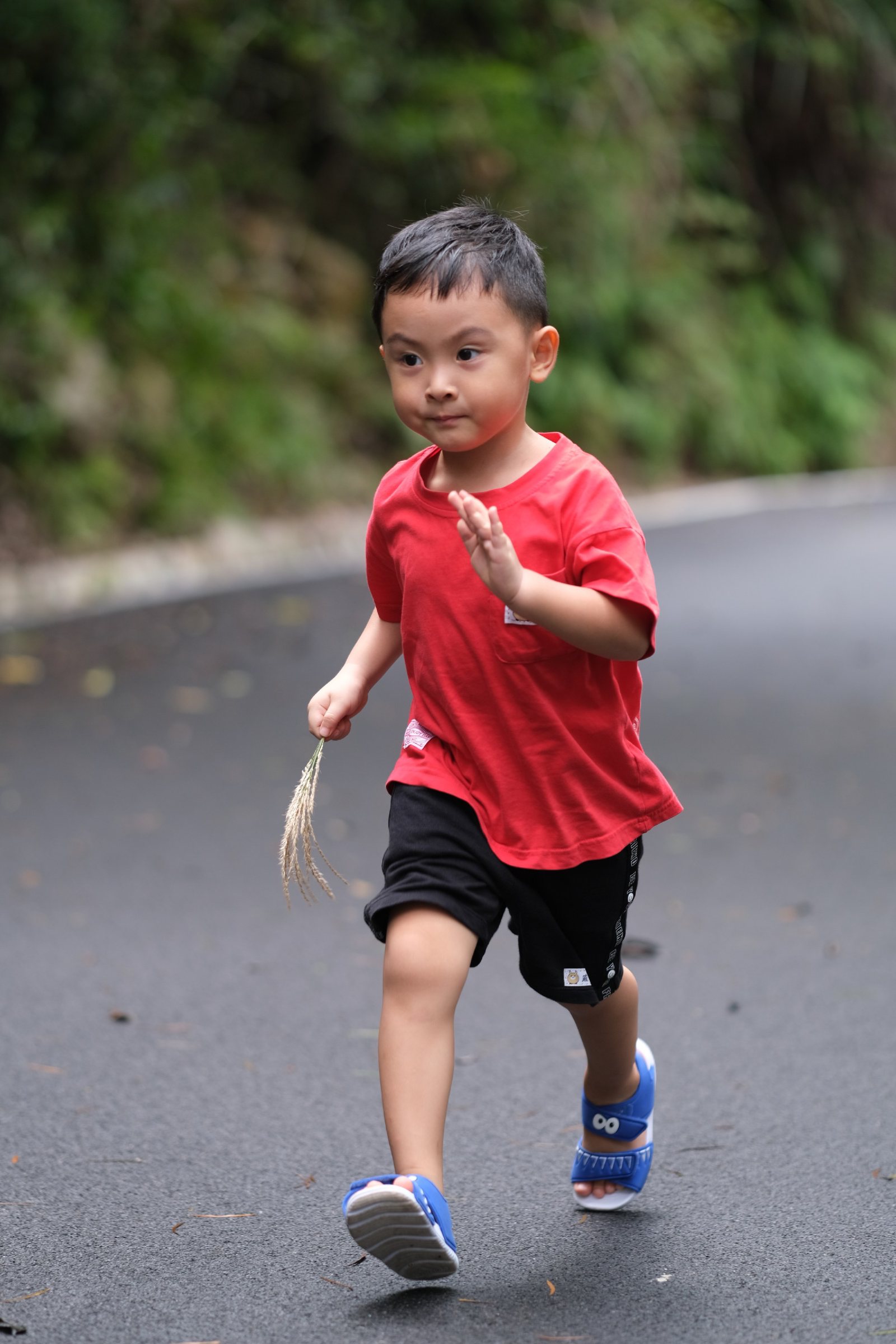 穿红衣服的儿子在山路上跑