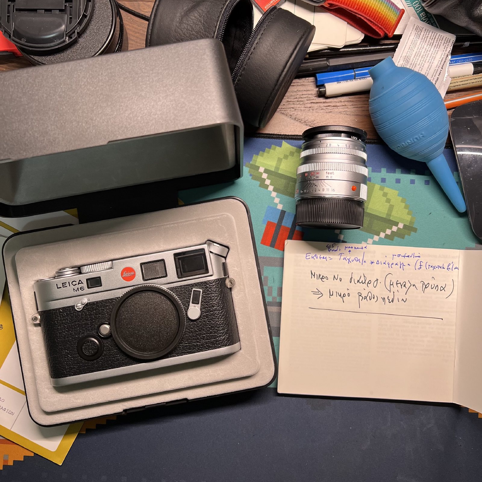 桌上打开的铁盒里躺着 M6，旁边是 Summicron 和笔记本