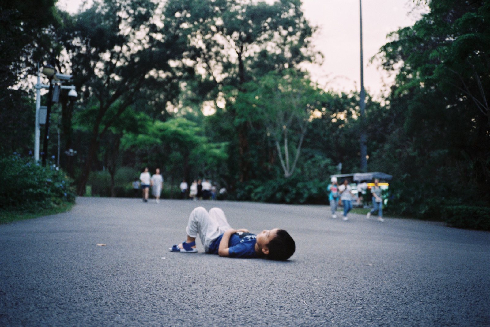儿子躺在公园大路中间，远处有行人